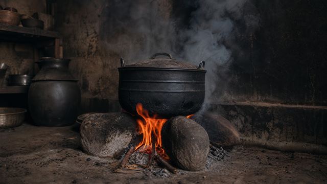 Feu à trois pierres avec marmite et fumée