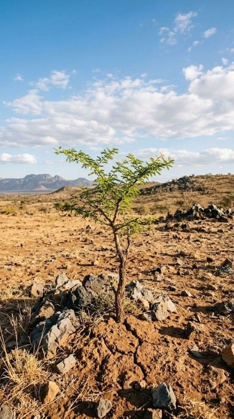 Jeune arbre planté dans un sol aride, protégé par des pierres