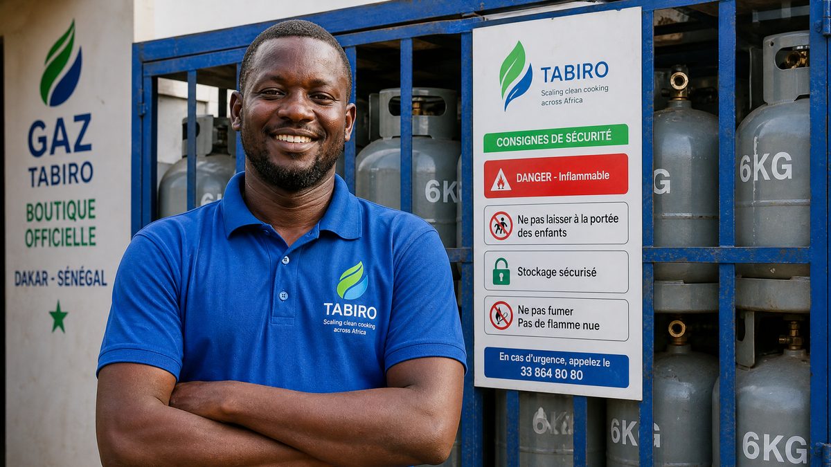 Entrepreneur PEP TABIRO devant la boutique officielle Gaz TABIRO à Dakar, avec consignes de sécurité et bouteilles GPL
